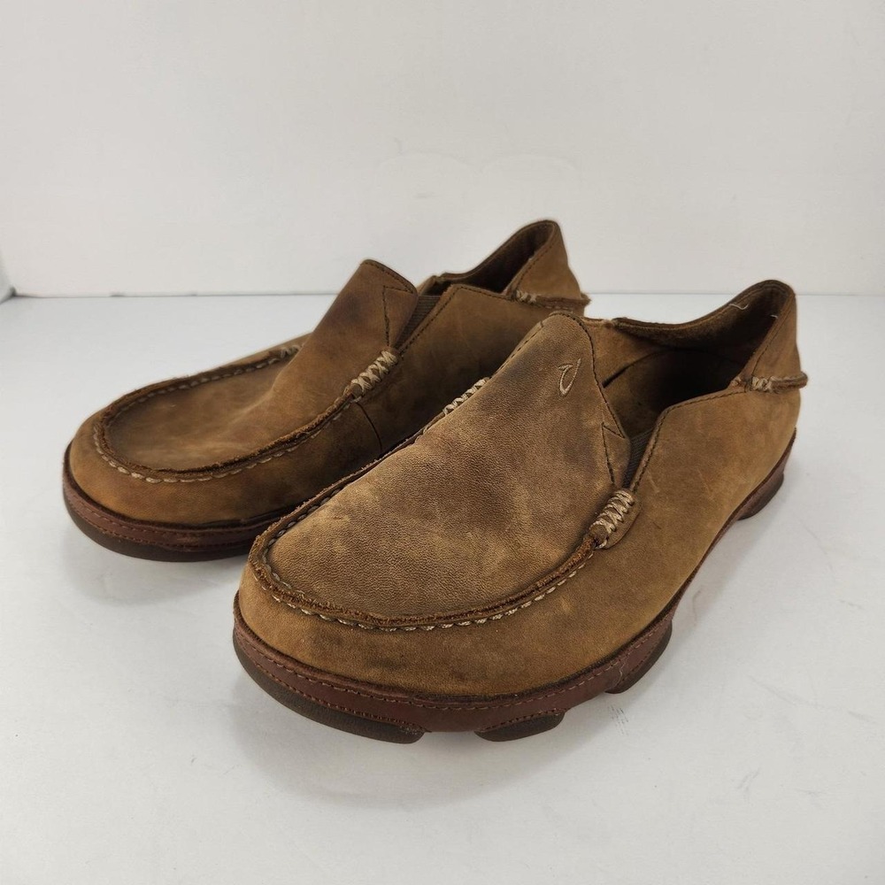 OluKai Moloa Men's Size 7 Brown Leather Slip On Loafers Moc Toe Comfort Shoes